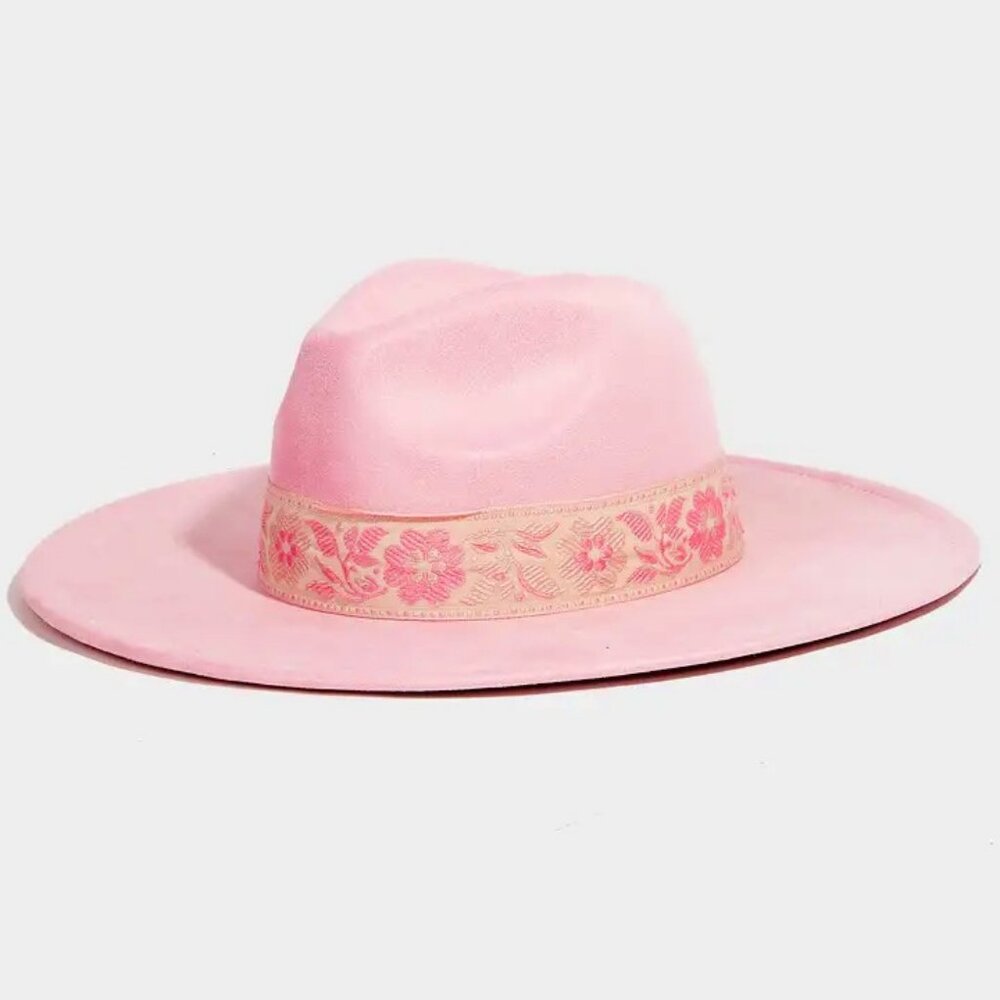 Embroidered Flower Band Felt Fedora Hat